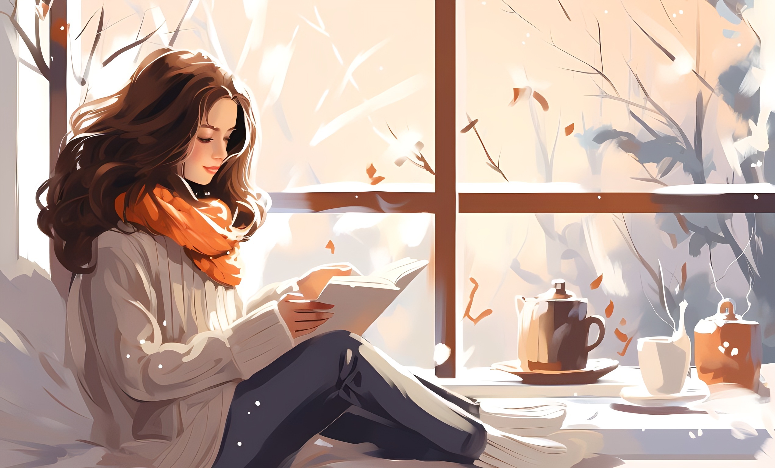 young woman reading a book and drinking hot tea on a cold winter day